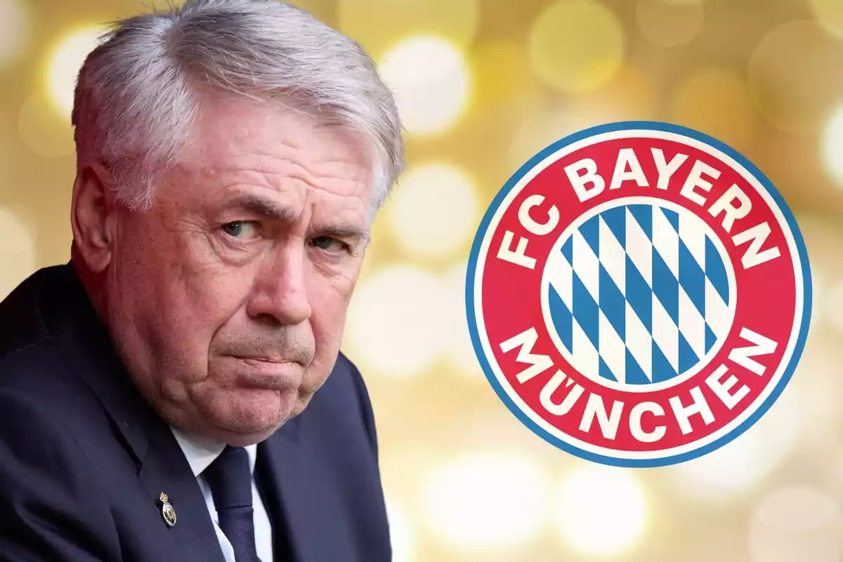 Carlo Ancelotti and the Bayern Munich shield in the foreground