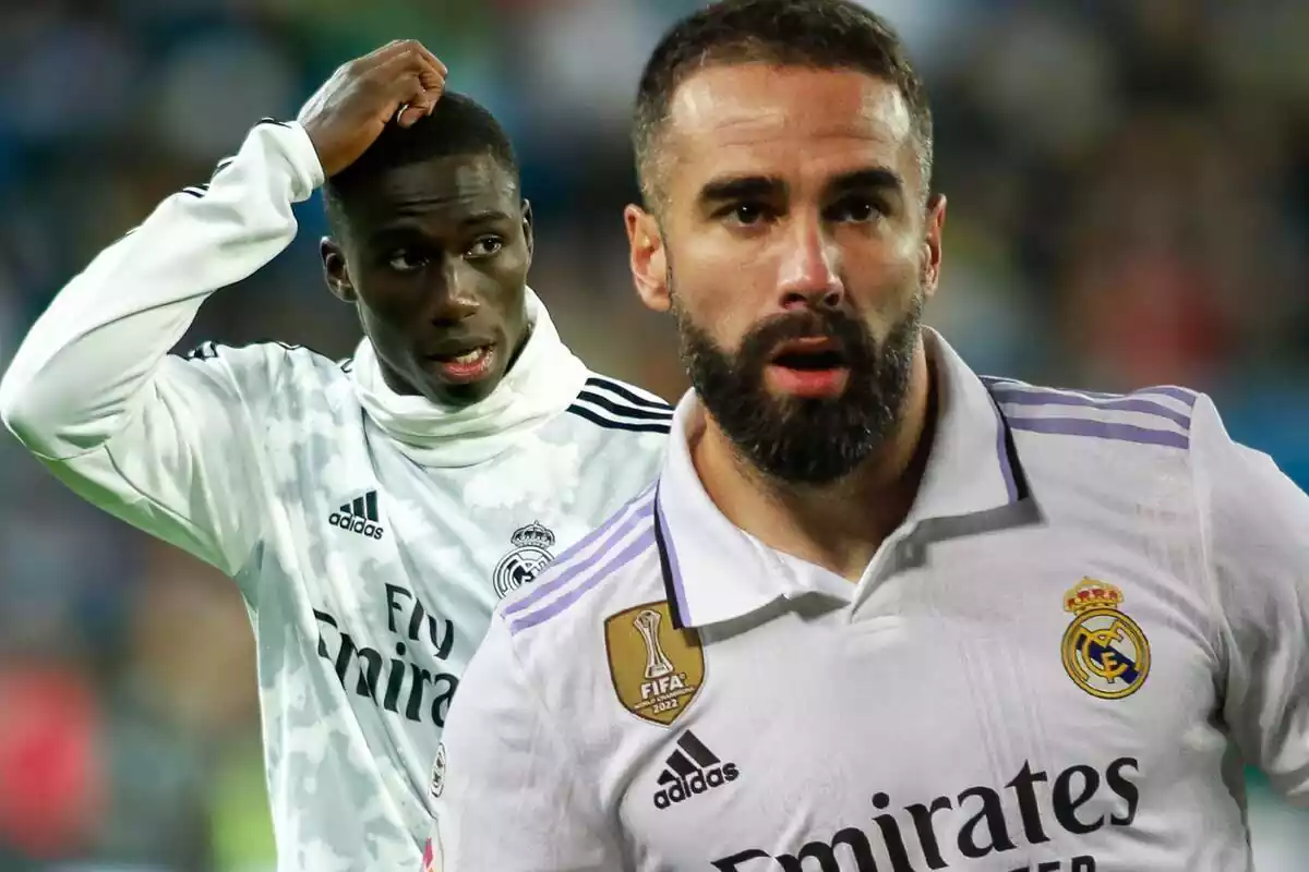 Dani Carvajal next to Ferland Mendy scratching his head