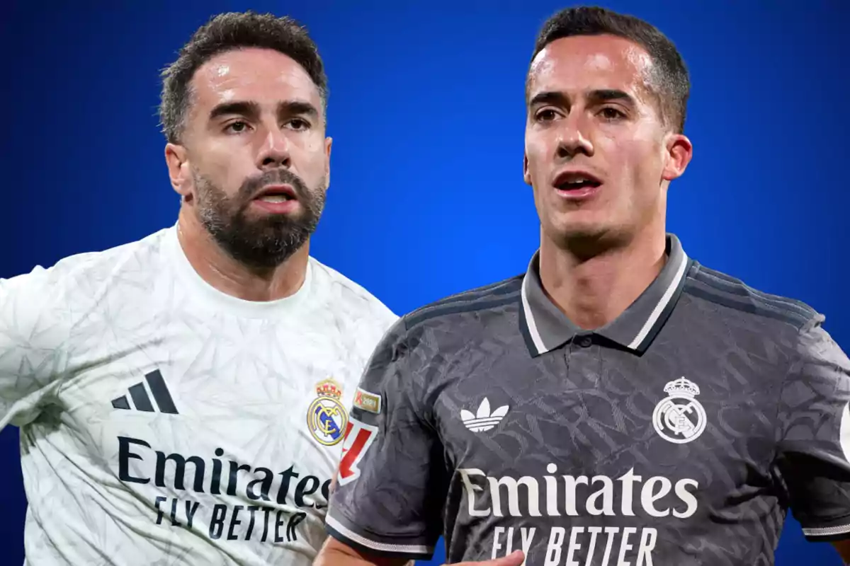 Dos jugadores de fútbol con camisetas del Real Madrid posan frente a un fondo azul.