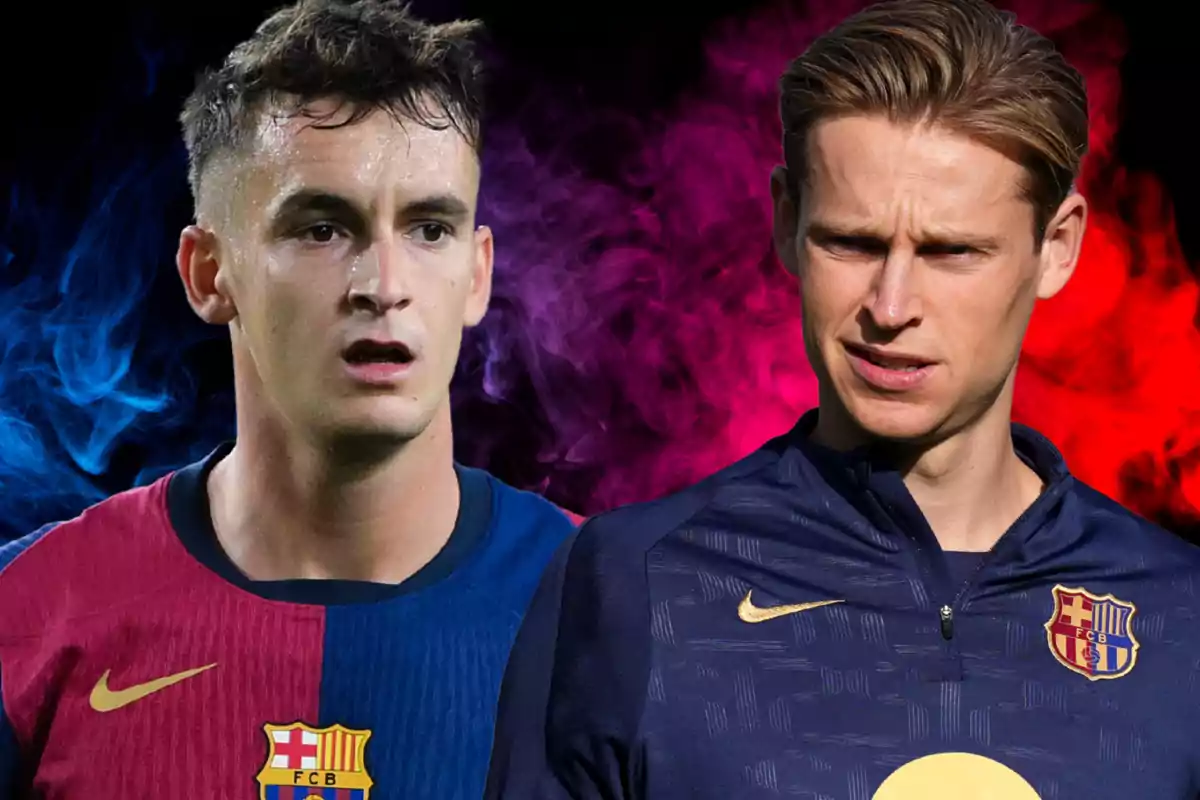 Dos jugadores del FC Barcelona con fondo de humo azul y rojo.