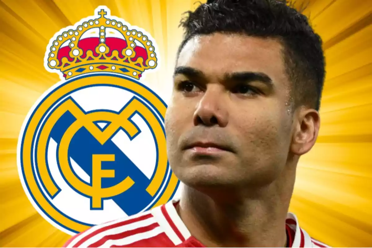 Un jugador de fútbol con una camiseta roja aparece frente al escudo del Real Madrid sobre un fondo amarillo brillante.