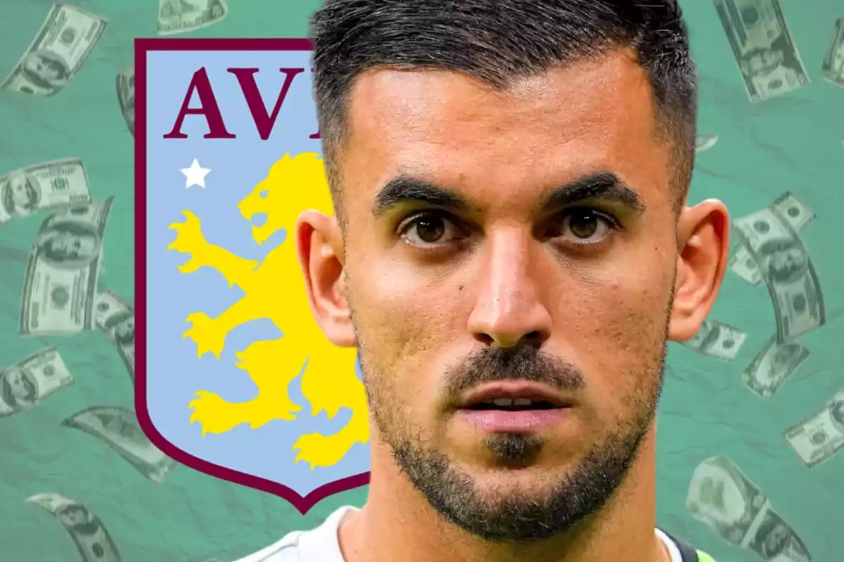 Un futbolista con expresión seria aparece en primer plano con el escudo del Aston Villa y billetes de dólar en el fondo