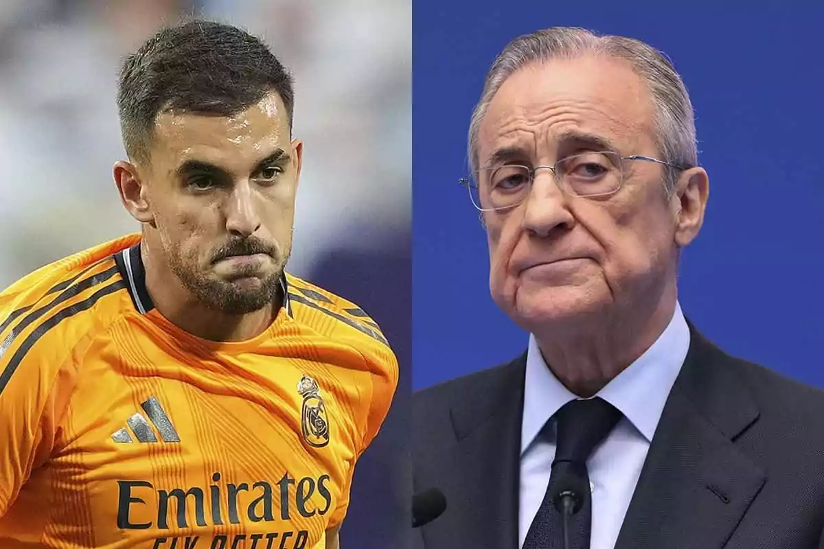 Dani Ceballos con uniforme naranja del Real Madrid a la izquierda y Florentino Pérez con traje y corbata a la derecha.