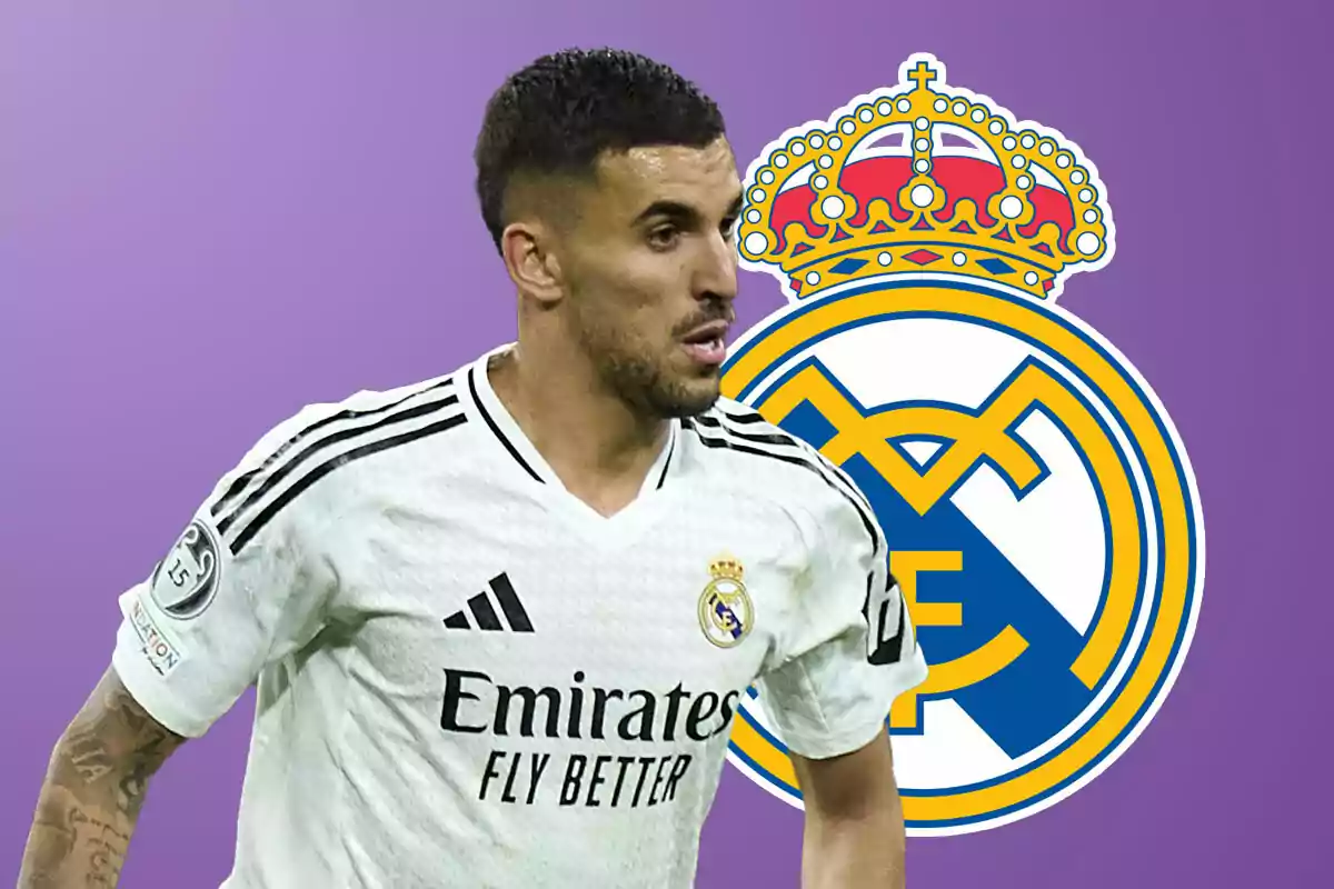 Dani Ceballos in a Real Madrid uniform in front of the team's crest on a purple background.