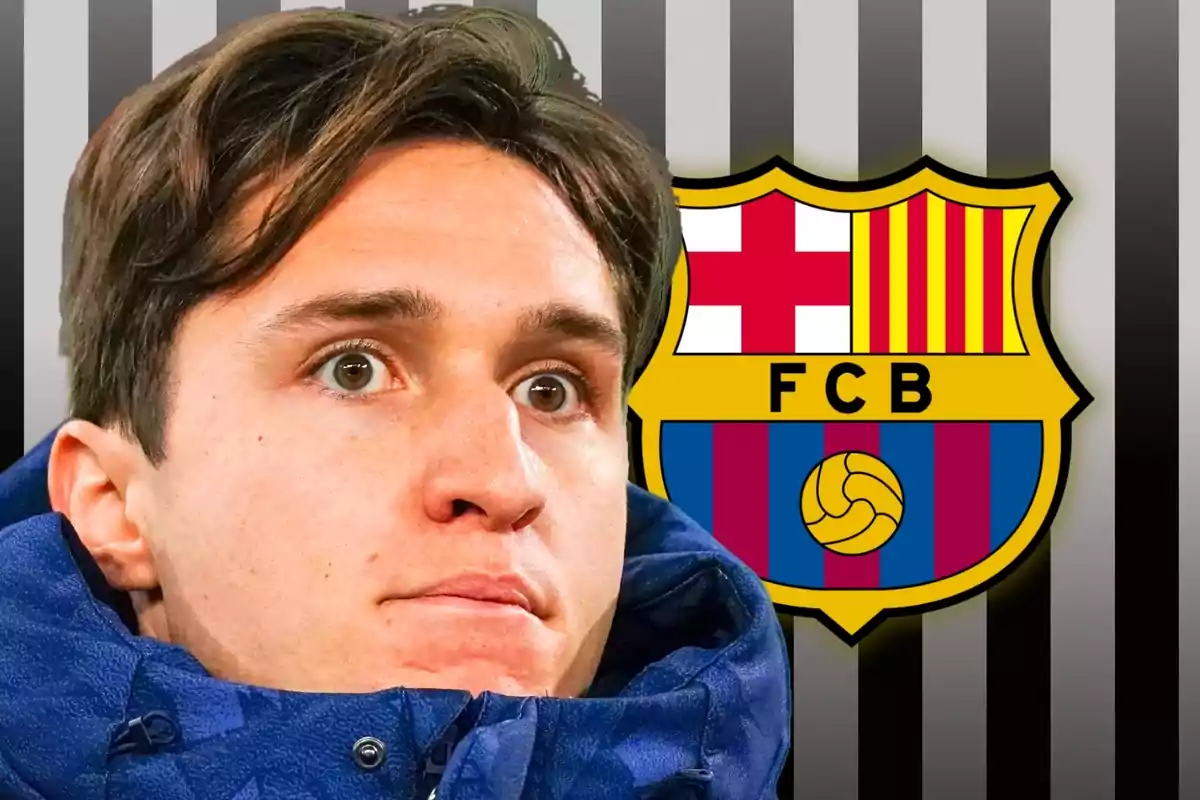 A man in a blue jacket in front of an FC Barcelona crest. A man in a blue jacket in front of an FC Barcelona crest.