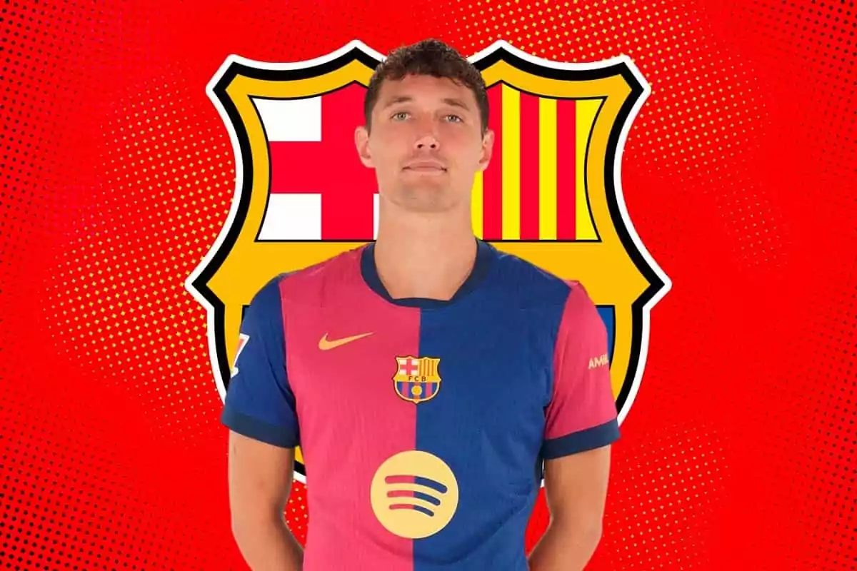 Andreas Christensen con la camiseta del FC Barcelona posando frente al escudo del equipo sobre un fondo rojo.