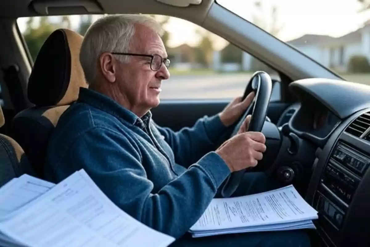 Hombre mayor con gafas conduciendo un auto mientras sostiene el volante y tiene varios documentos sobre el asiento del copiloto Hombre mayor con gafas conduciendo un auto mientras sostiene el volante y tiene varios documentos sobre el asiento del copiloto