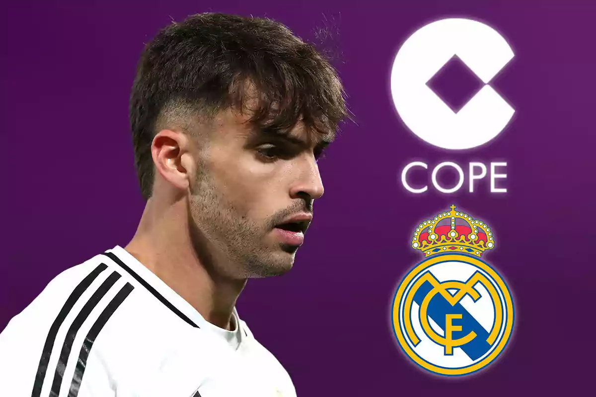 Un jugador de fútbol con una camiseta blanca aparece junto a los logotipos de COPE y del Real Madrid sobre un fondo morado.