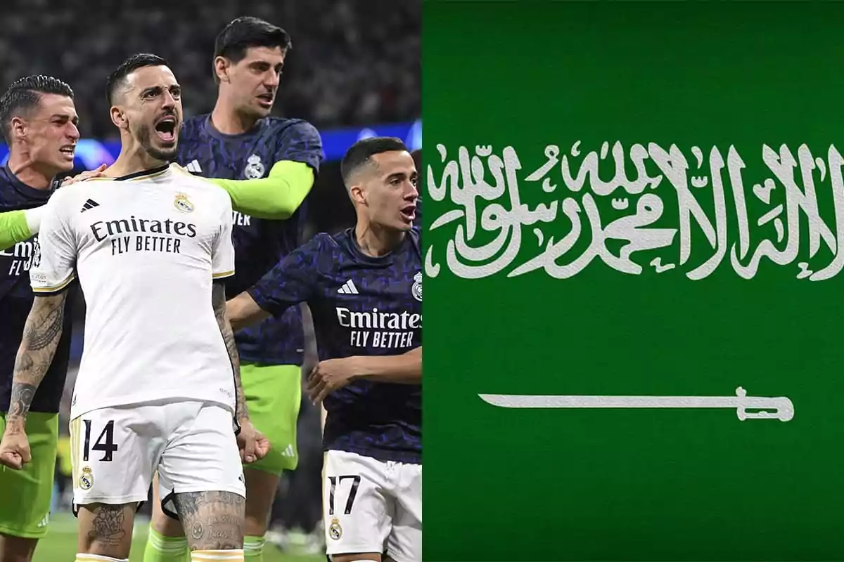 Jugadores del Real Madrid celebrando un gol junto a la bandera de Arabia Saudita.