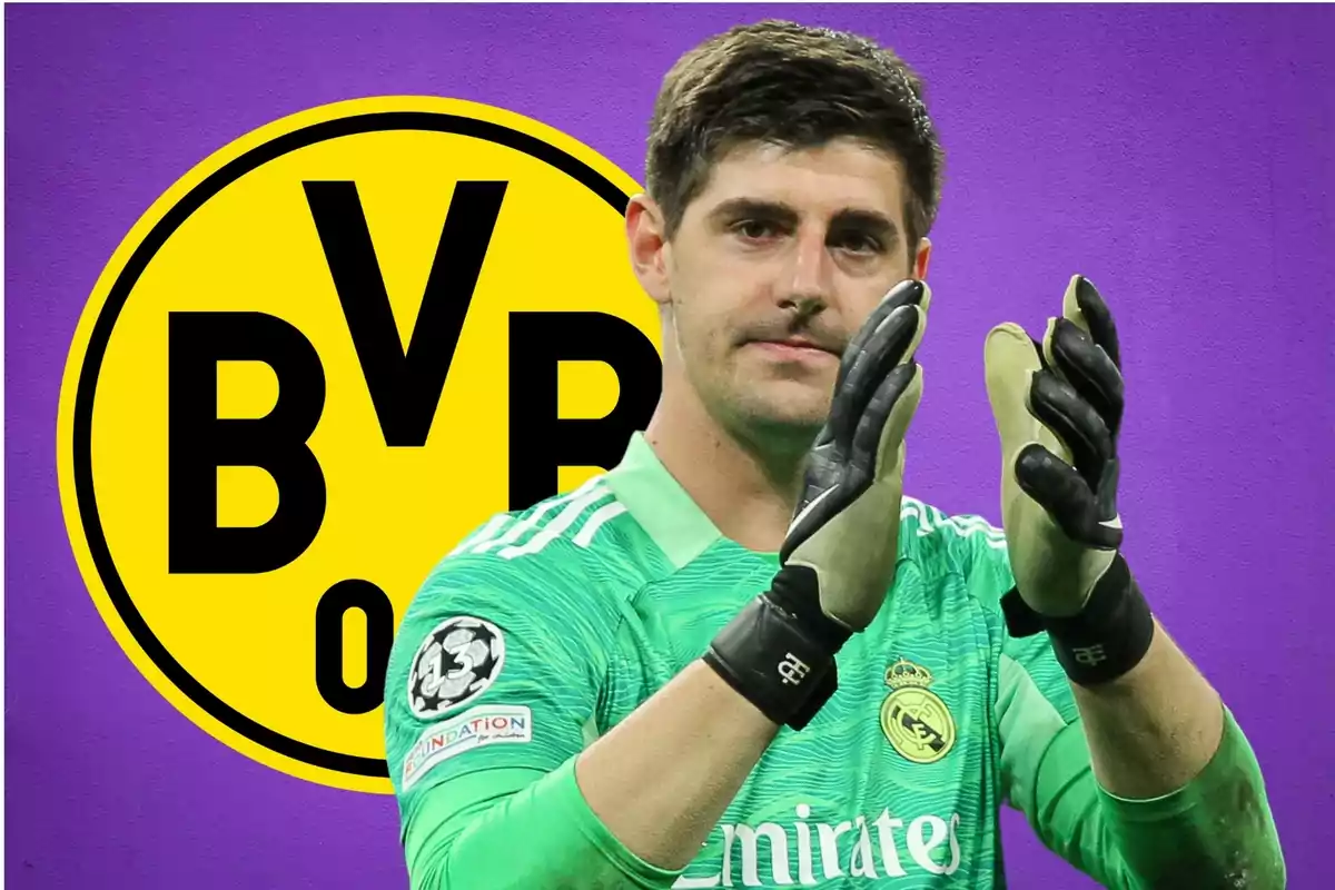 Un jugador de fútbol con uniforme verde aplaude frente a un fondo morado con el logo del Borussia Dortmund.