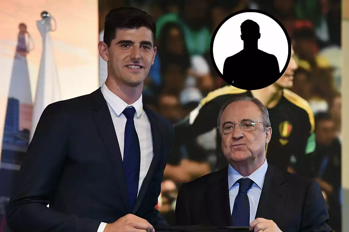 Courtois y Florentino Pérez en traje posan para una foto en un evento.