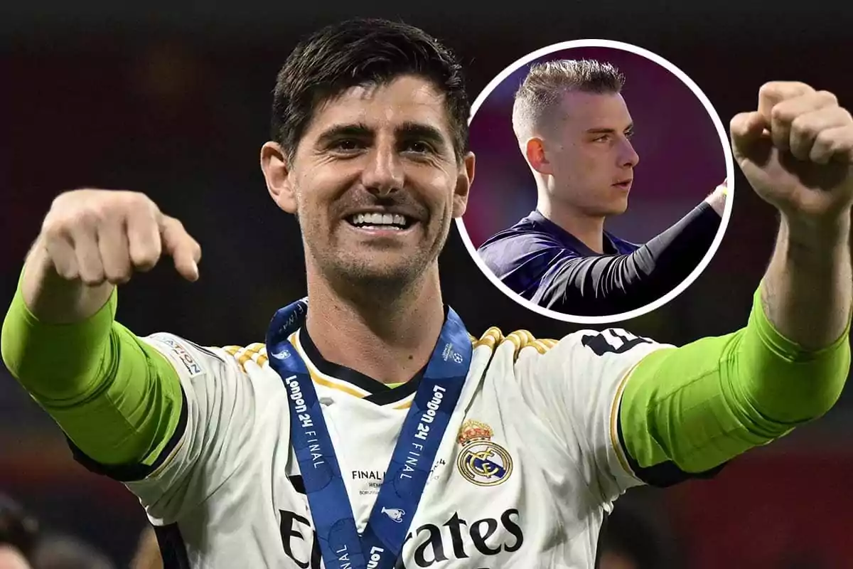 Courtois celebrando con una medalla alrededor del cuello y una imagen insertada de Lunin en el fondo.