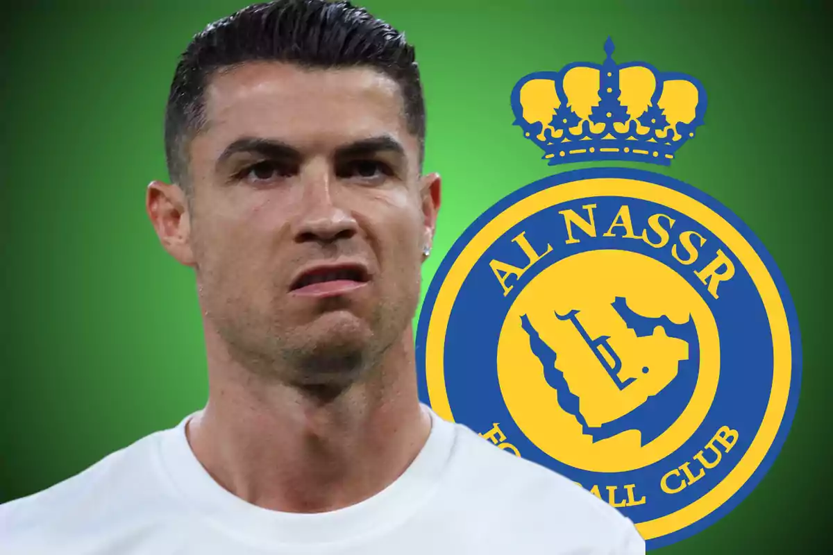 A player with a serious expression in front of the Al Nassr club logo on a green background.