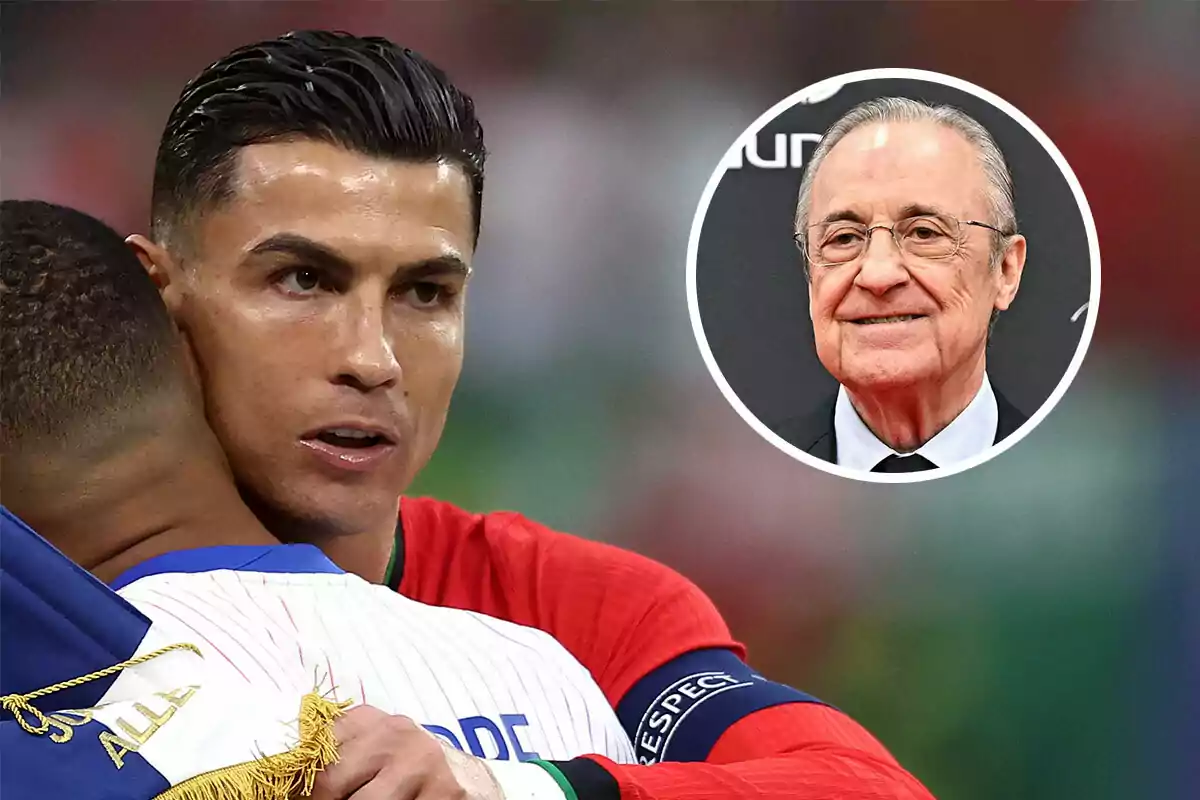 Cristiano Ronaldo y Mbappé abrazándose con Florentino Pérez en un recuadro circular en la esquina superior derecha.