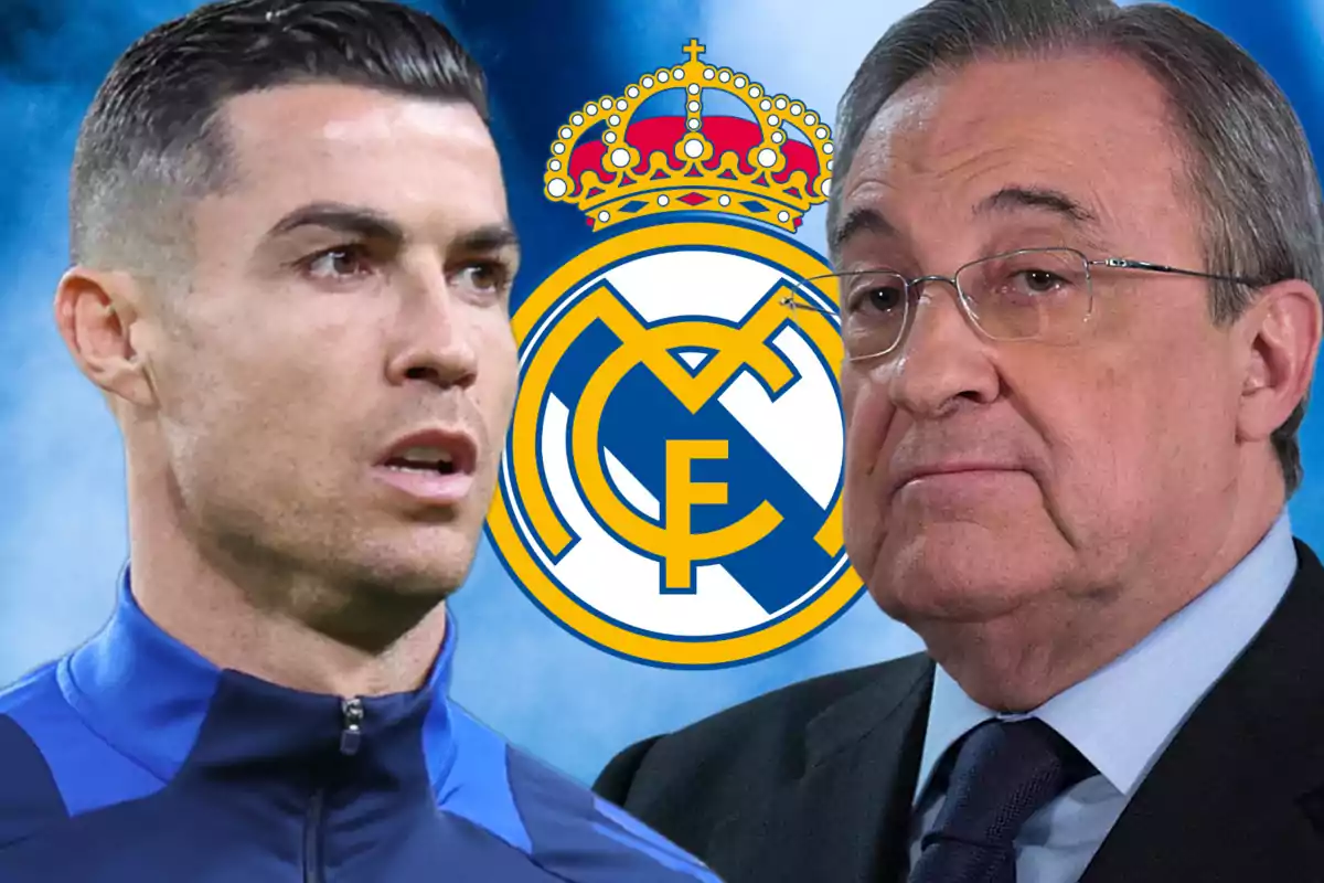 Dos hombres con el logo del Real Madrid de fondo.