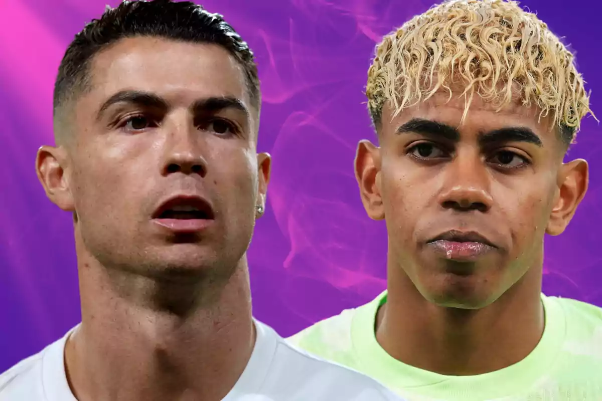 Dos futbolistas mirando al frente con fondo morado difuminado