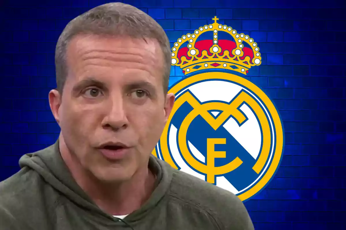 A man in a green sweatjersey in front of the Real Madrid logo on a blue background.