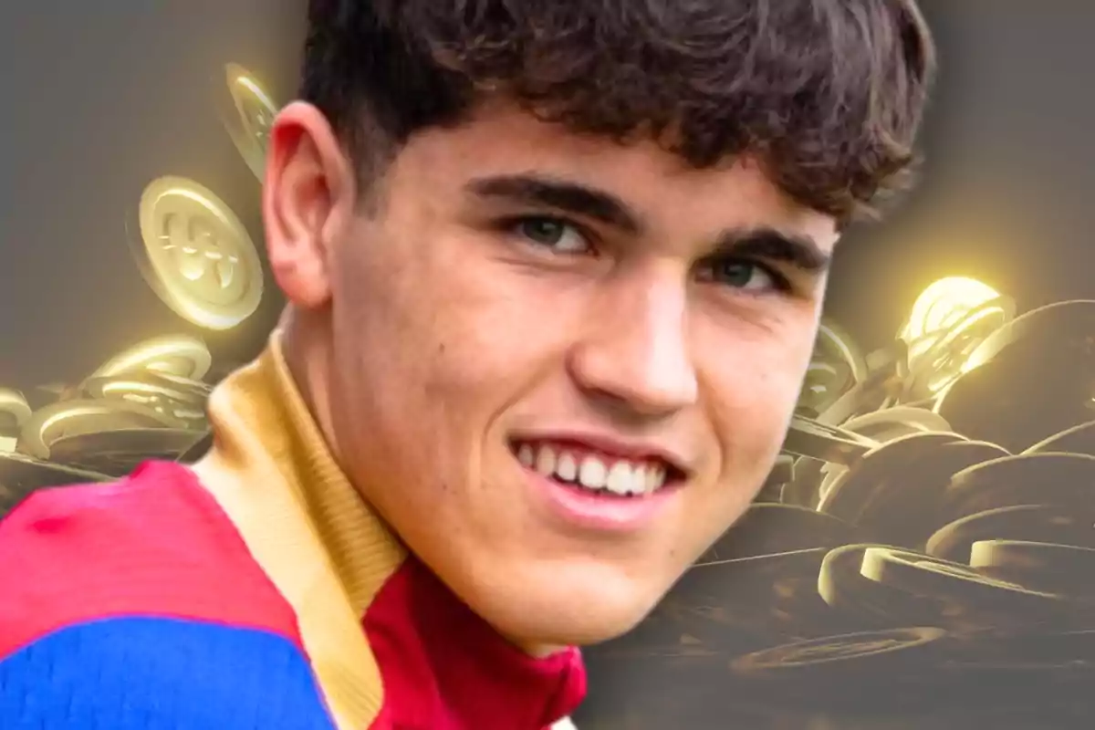 A smiling young man wearing a red, blue and gold t-shirt, with a background of gold coins.