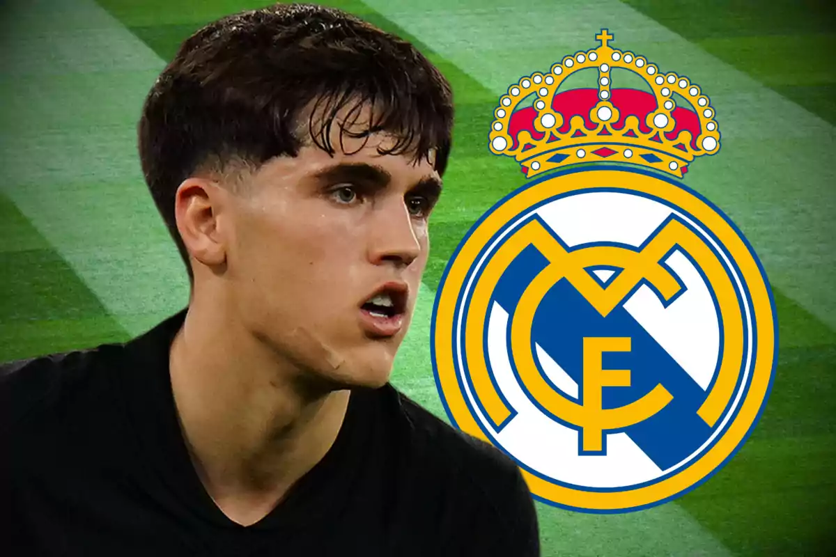 A player in a black jersey appears in front of the Real Madrid crest on a grass background.