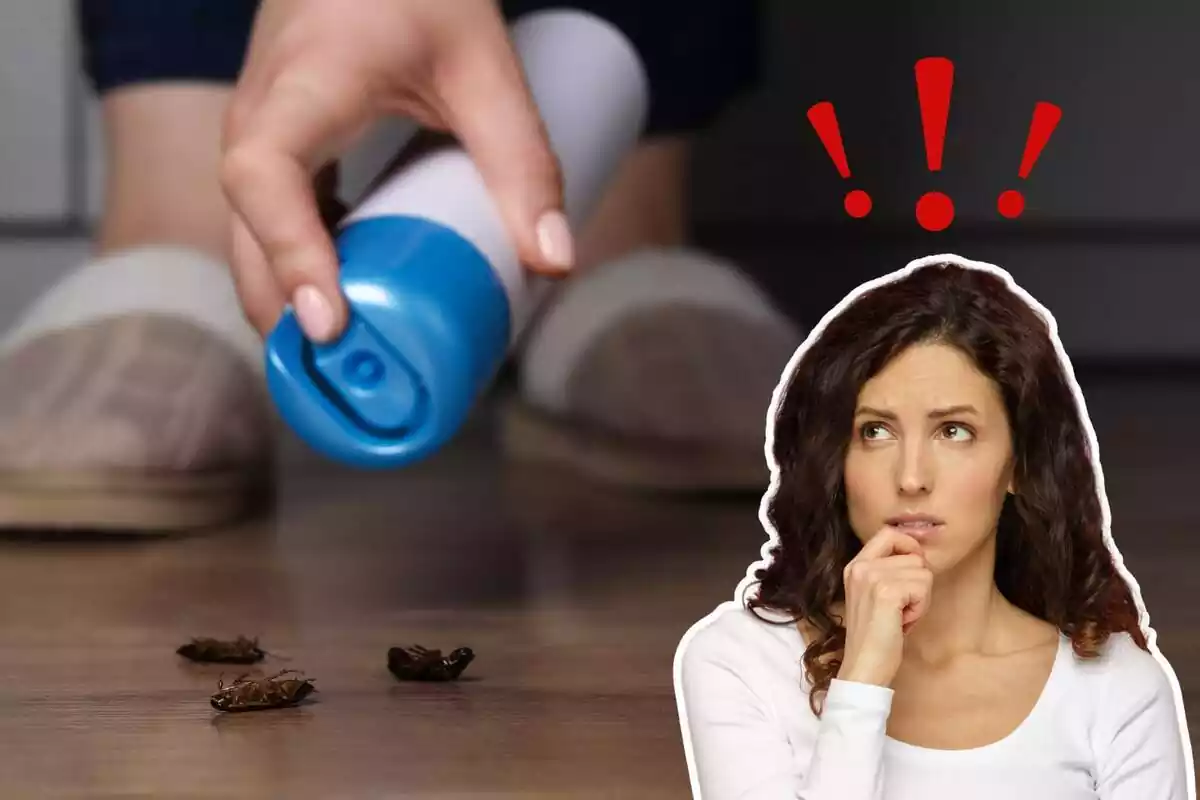 Imagen de fondo de una persona con un spray en la mano, matando cucarachas, con tres cucarachas en el suelo y otra imagen de una mujer con gesto de incertidumbre y tres exclamaciones sobre su cabeza