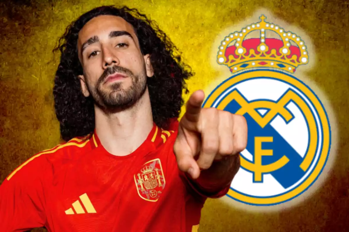 A man in a red jersey points forward with the Real Madrid crest in the background.