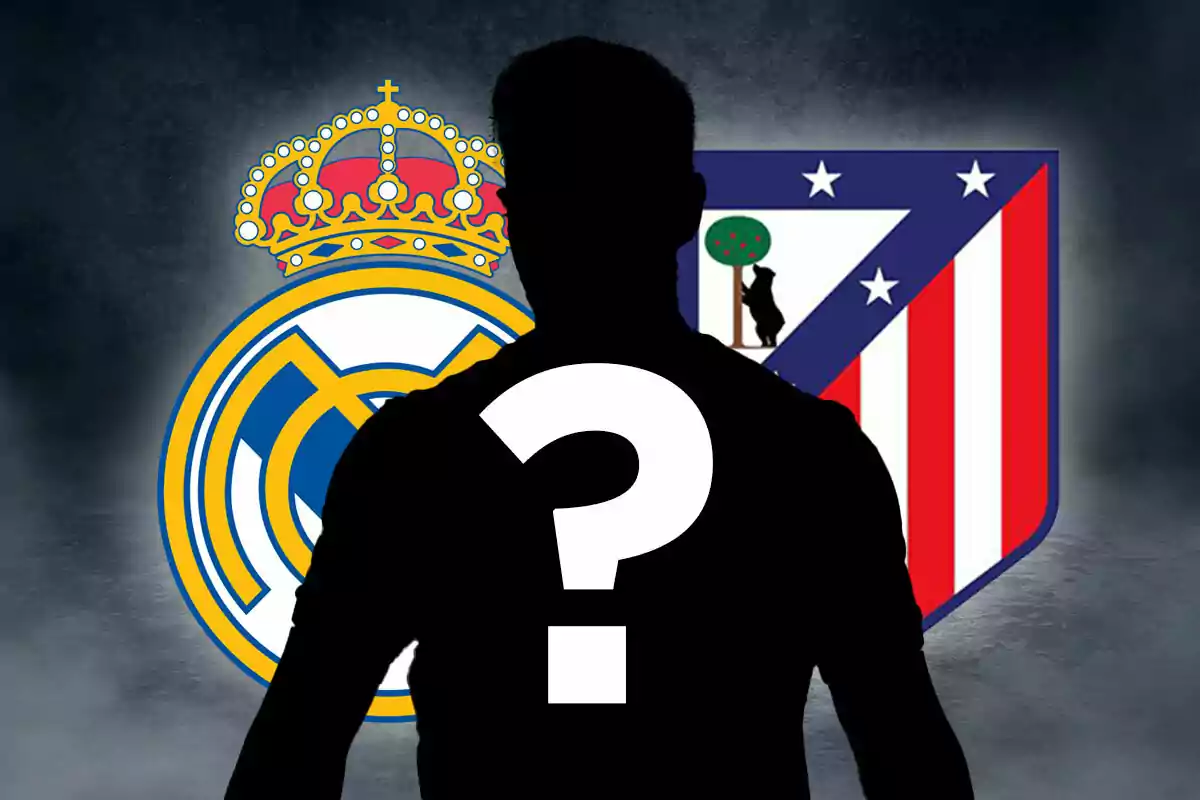 Silueta de una persona con un signo de interrogación frente a los escudos del Real Madrid y Atlético de Madrid.