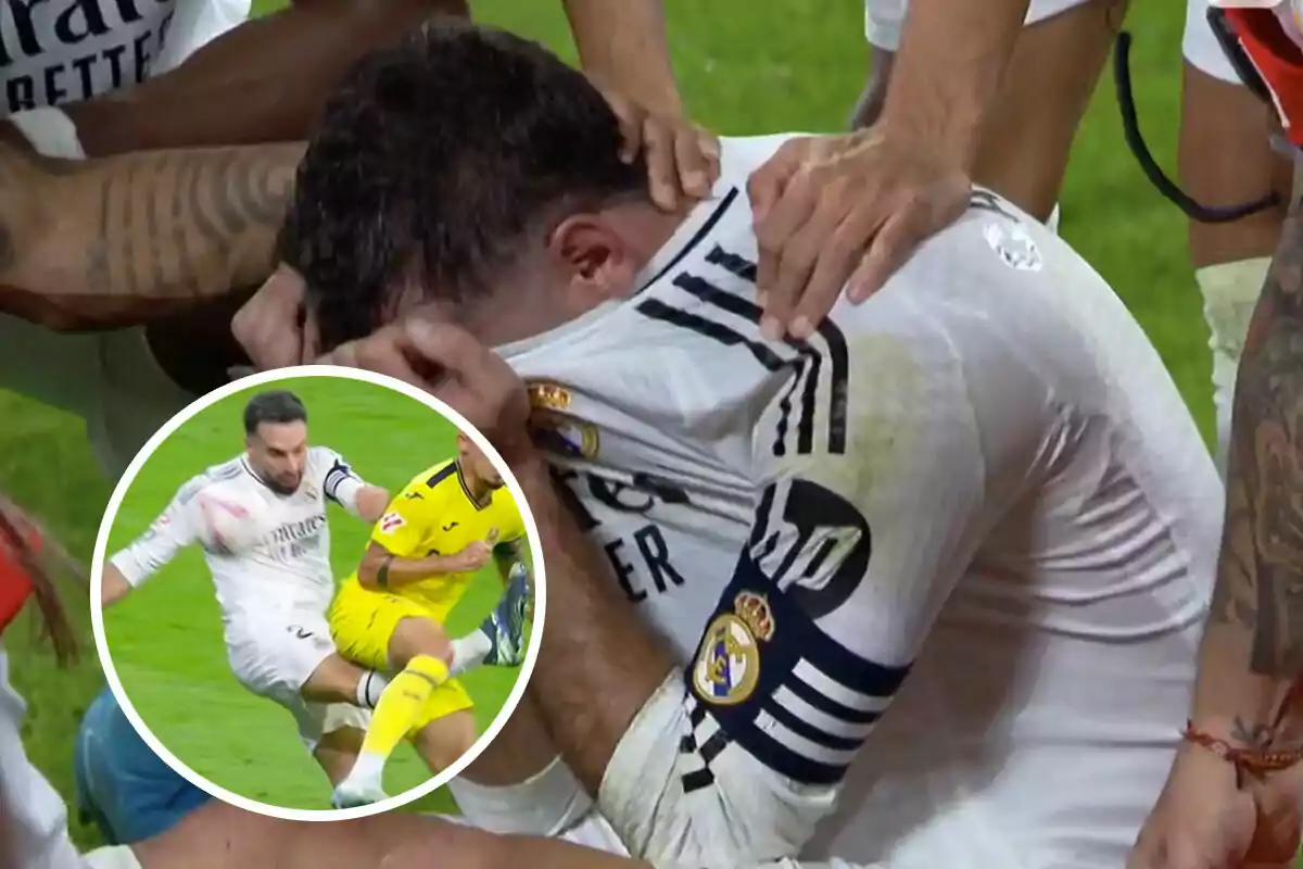 Dani Carvajal, del Real Madrid, en el suelo cubriéndose el rostro con la camiseta mientras sus compañeros lo rodean y una imagen insertada muestra un momento del partido.