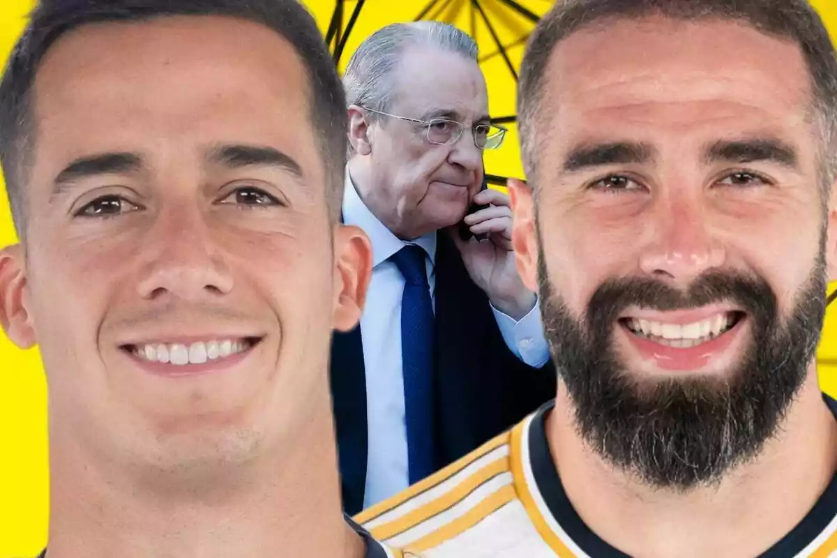 Lucas Vázquez and Dani Carvajal in the foreground, with Florentino Pérez talking on the phone in the background