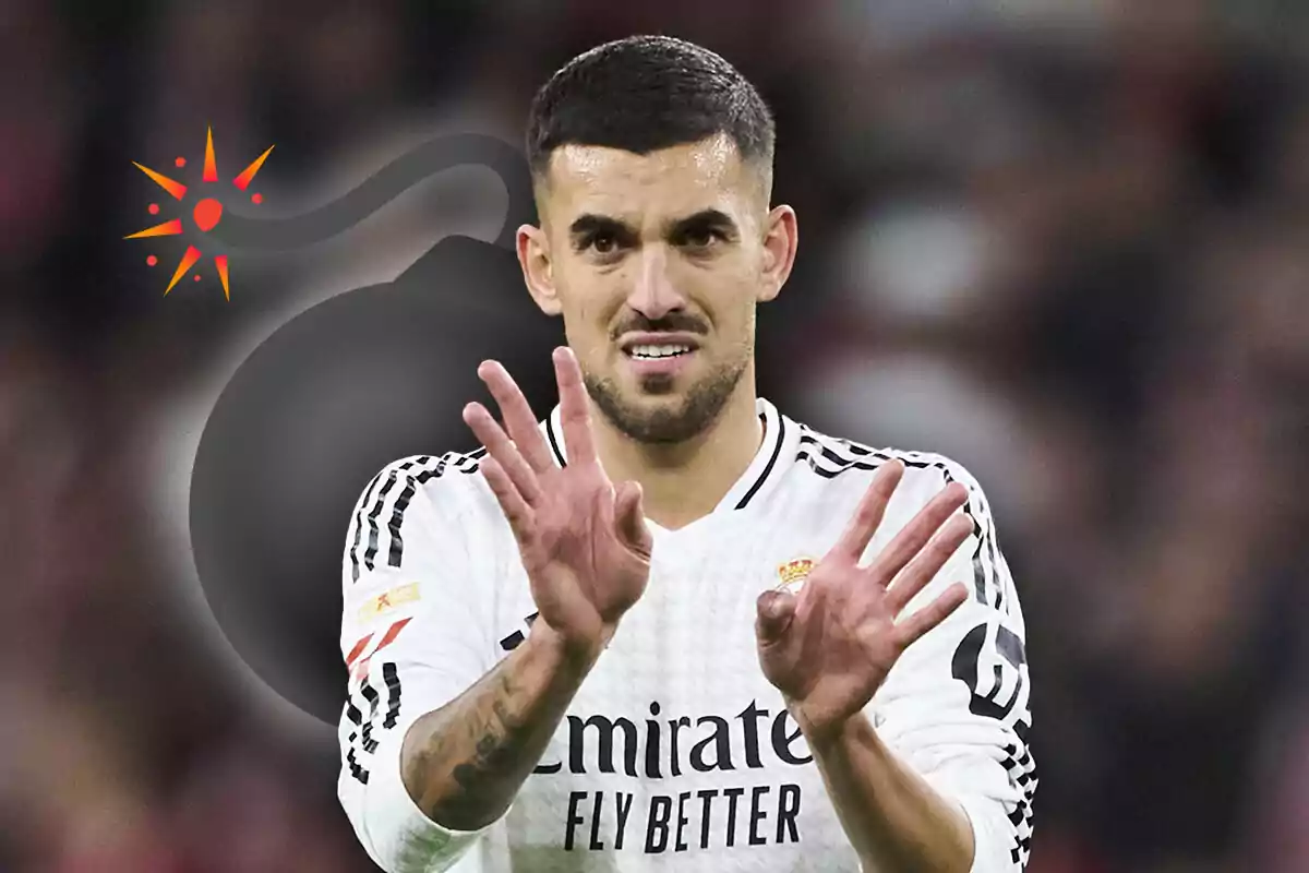 Dani Ceballos con uniforme blanco del Real Madrid gesticula con las manos mientras una ilustración de una bomba aparece detrás de él.