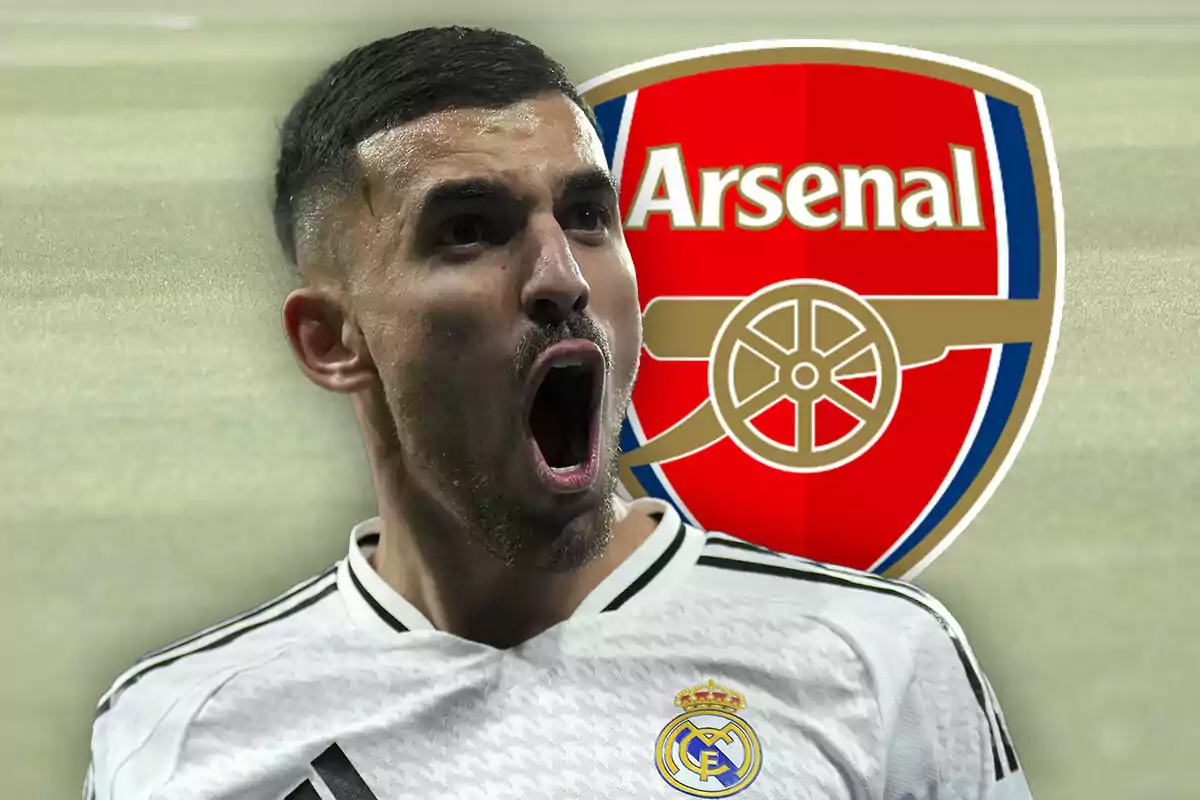 A player with an open mouth is wearing a white jersey with the Real Madrid crest while behind him the Arsenal logo is visible.