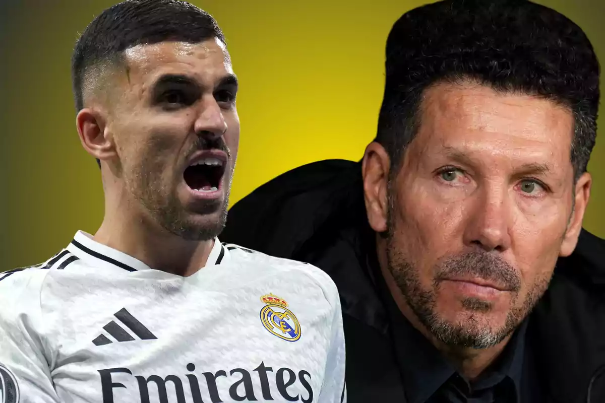 Two men in an image, one wearing a white Real Madrid jersey and the other with a serious expression, yellow background.