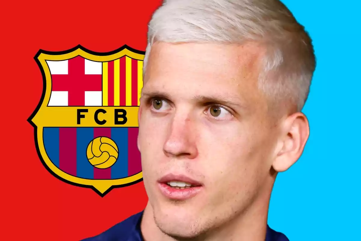 A man with light blond hair in front of the FC Barcelona crest.