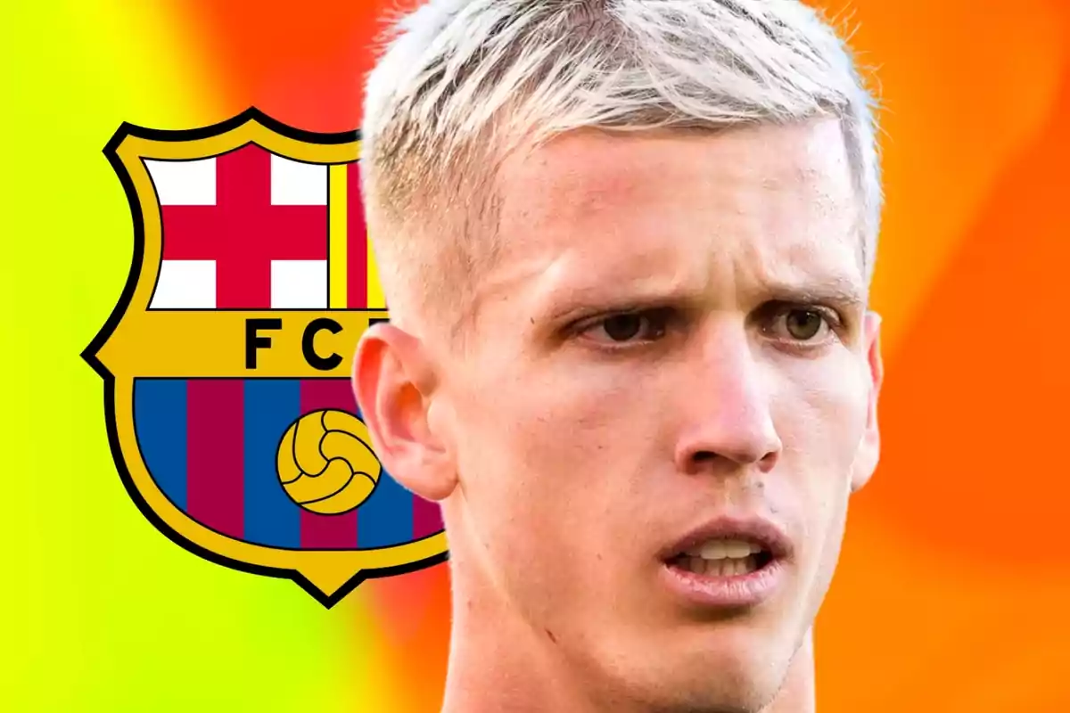 A soccer player with blonde hair appears in front of the FC Barcelona crest against a brightly colored background.