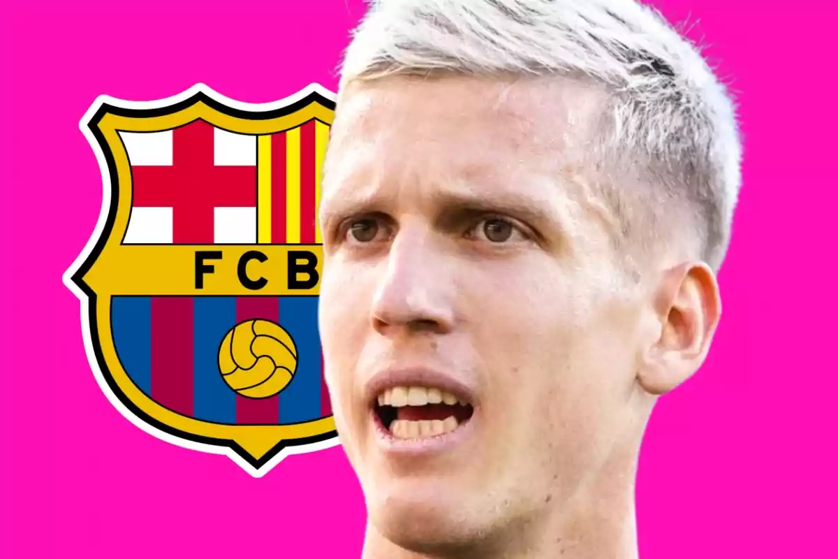 A blond-haired man in front of the FC Barcelona crest on a pink background.