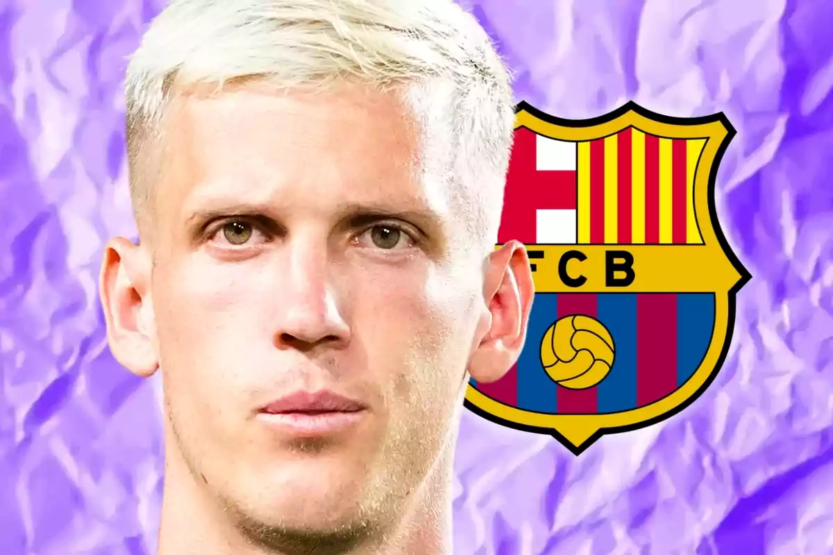 Blond-haired man in front of the FC Barcelona crest with a purple background. Blond-haired man in front of the FC Barcelona crest with a purple background.