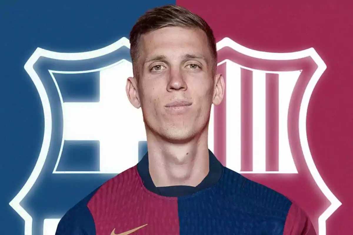 Dani Olmo con una camiseta dividida en dos colores, azul y rojo, con un escudo del FC Barcelona de fondo también dividido en los mismos colores.