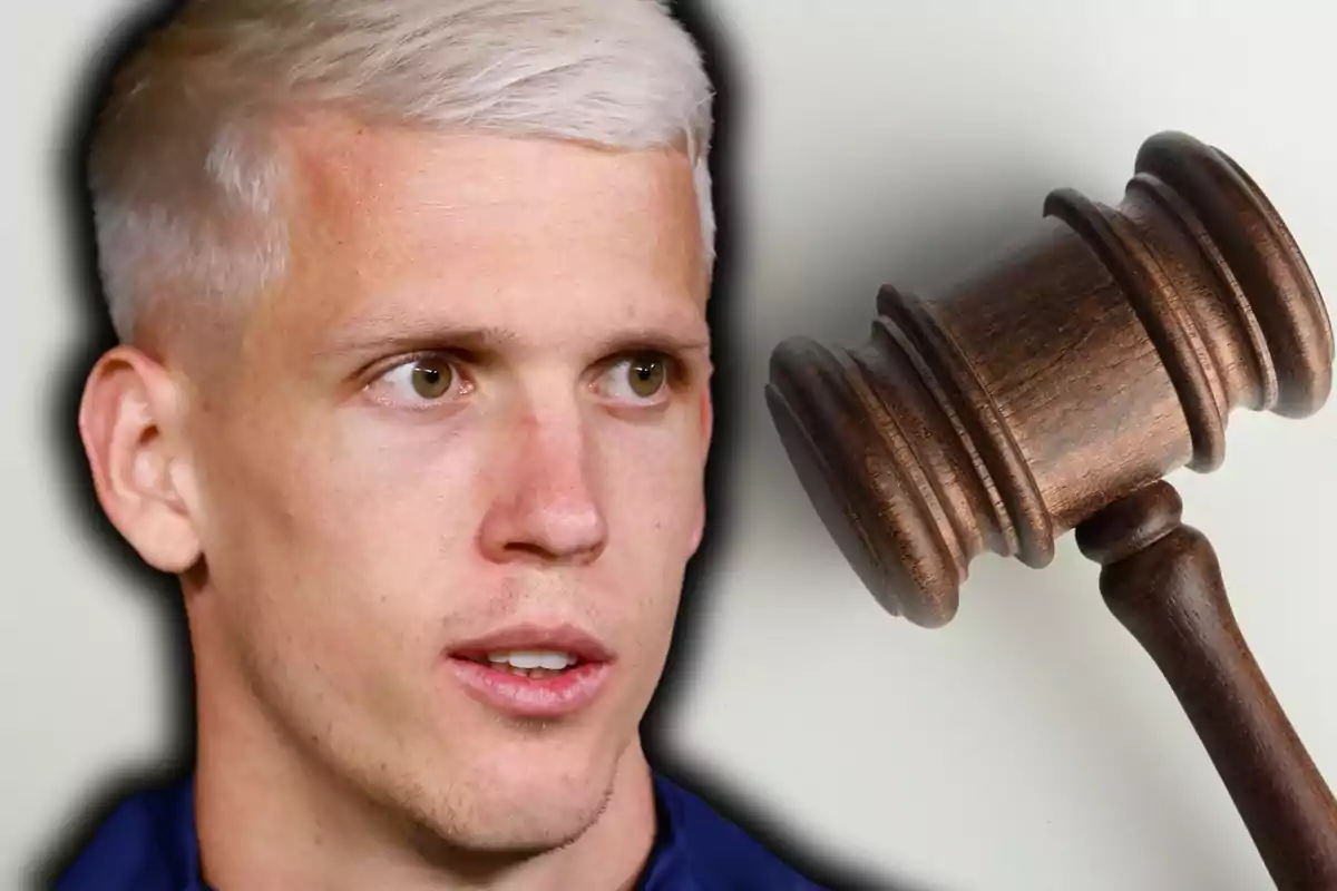 A man with light blond hair next to a judge's gavel. A man with light blond hair next to a judge's gavel.