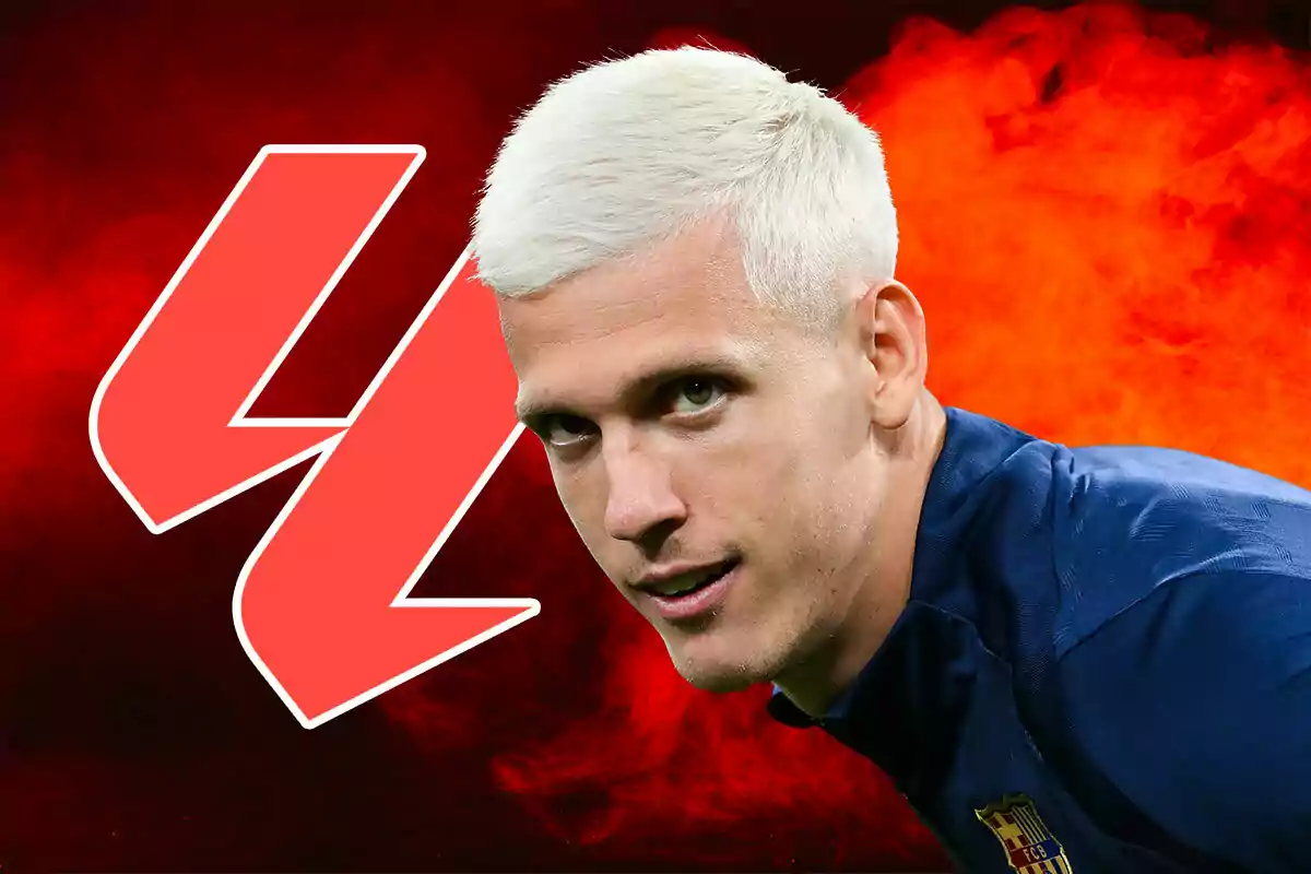 Dani Olmo with platinum blonde hair and a blue t-jersey appears in the foreground against a red background with LaLiga logo.