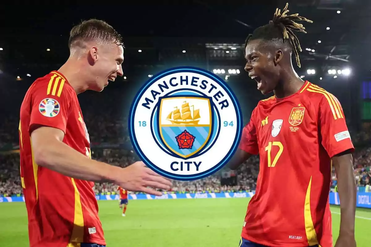 Dani Olmo y Nico Williams con uniforme rojo celebran en un estadio, con el logo de Manchester City superpuesto en el centro.