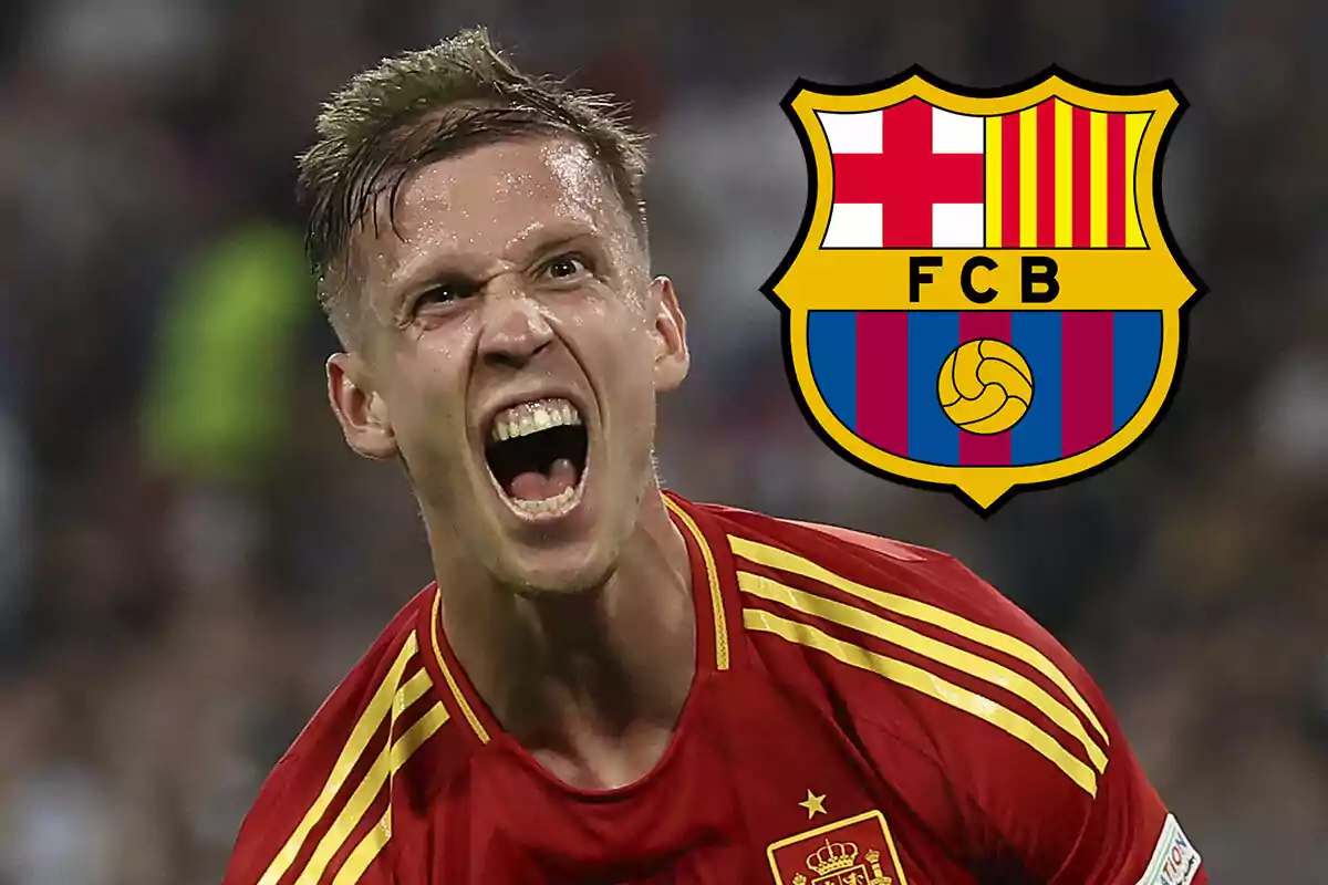 Dani Olmo con la camiseta de la selección española grita con emoción, con el escudo del FC Barcelona al fondo.