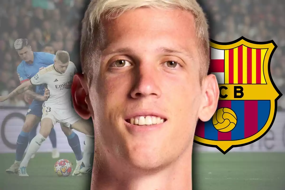 Close-up of a blond soccer player with the FC Barcelona crest in the background and a match scene in the background.