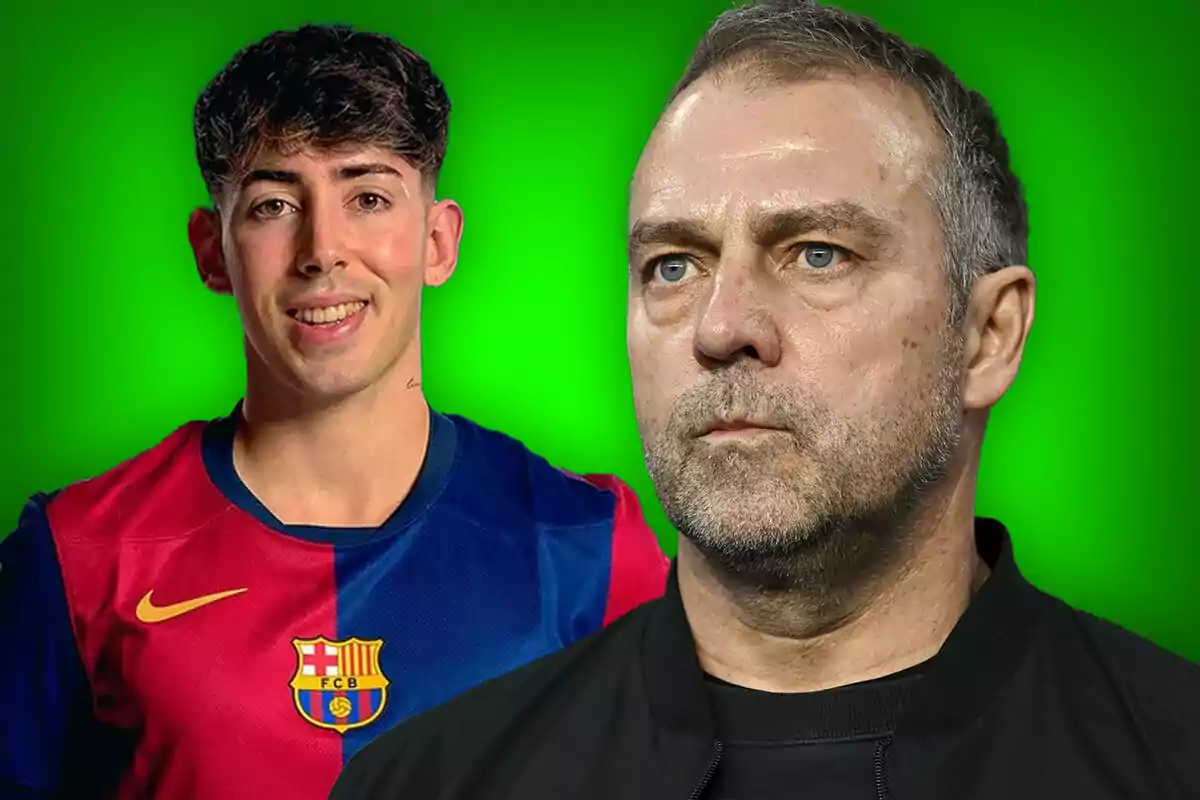 Un joven con camiseta del FC Barcelona y un hombre mayor con expresión seria, ambos sobre un fondo verde.