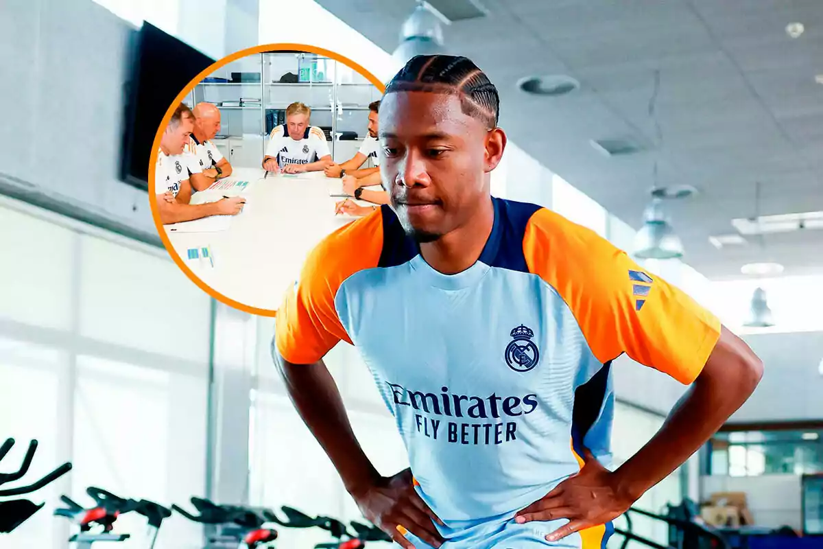 David Alaba, del Real Madrid, en un entrenamiento con una imagen insertada de entrenadores en una reunión.