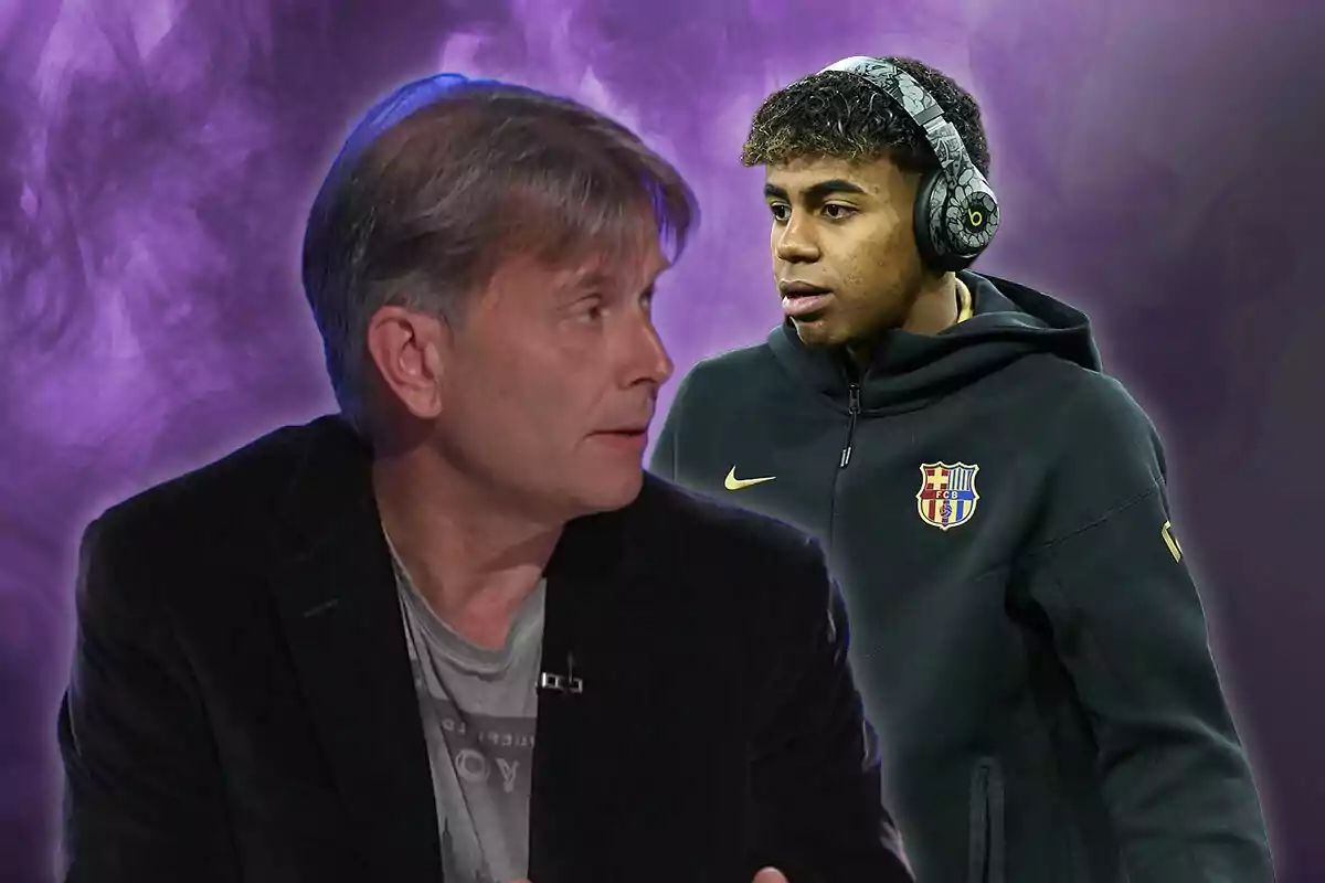 A gray-haired man looks at a young man with headphones and an FC Barcelona sweatjersey against a purple background.