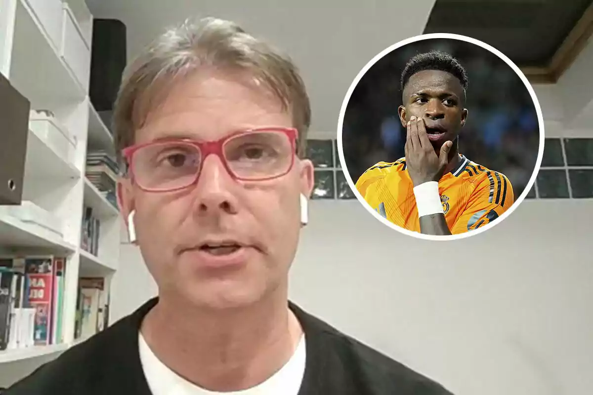 David Bernabéu con gafas rojas y auriculares aparece en primer plano, mientras que en un círculo en la esquina superior derecha se muestra a Vinicius con uniforme naranja.