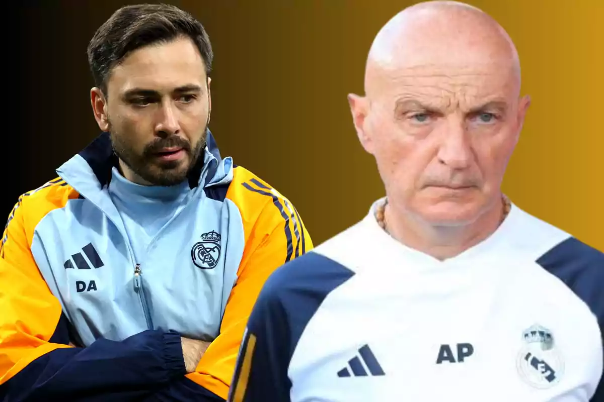 Two men in Real Madrid sportswear, one with a blue and yellow jacket and the other with a white jersey, against a brown background.