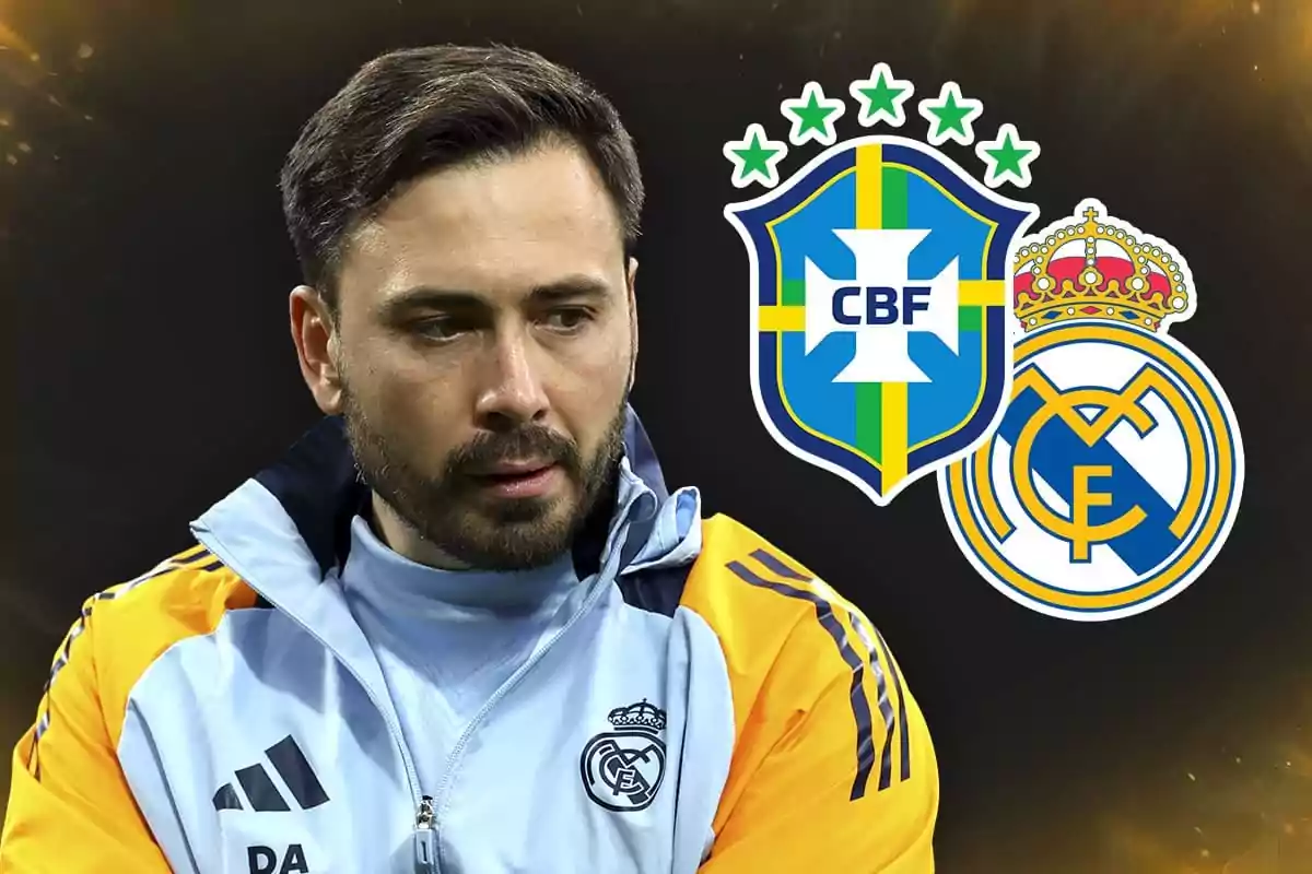 Un hombre con chaqueta deportiva del Real Madrid aparece junto a los escudos de la Confederación Brasileña de Fútbol y del Real Madrid.