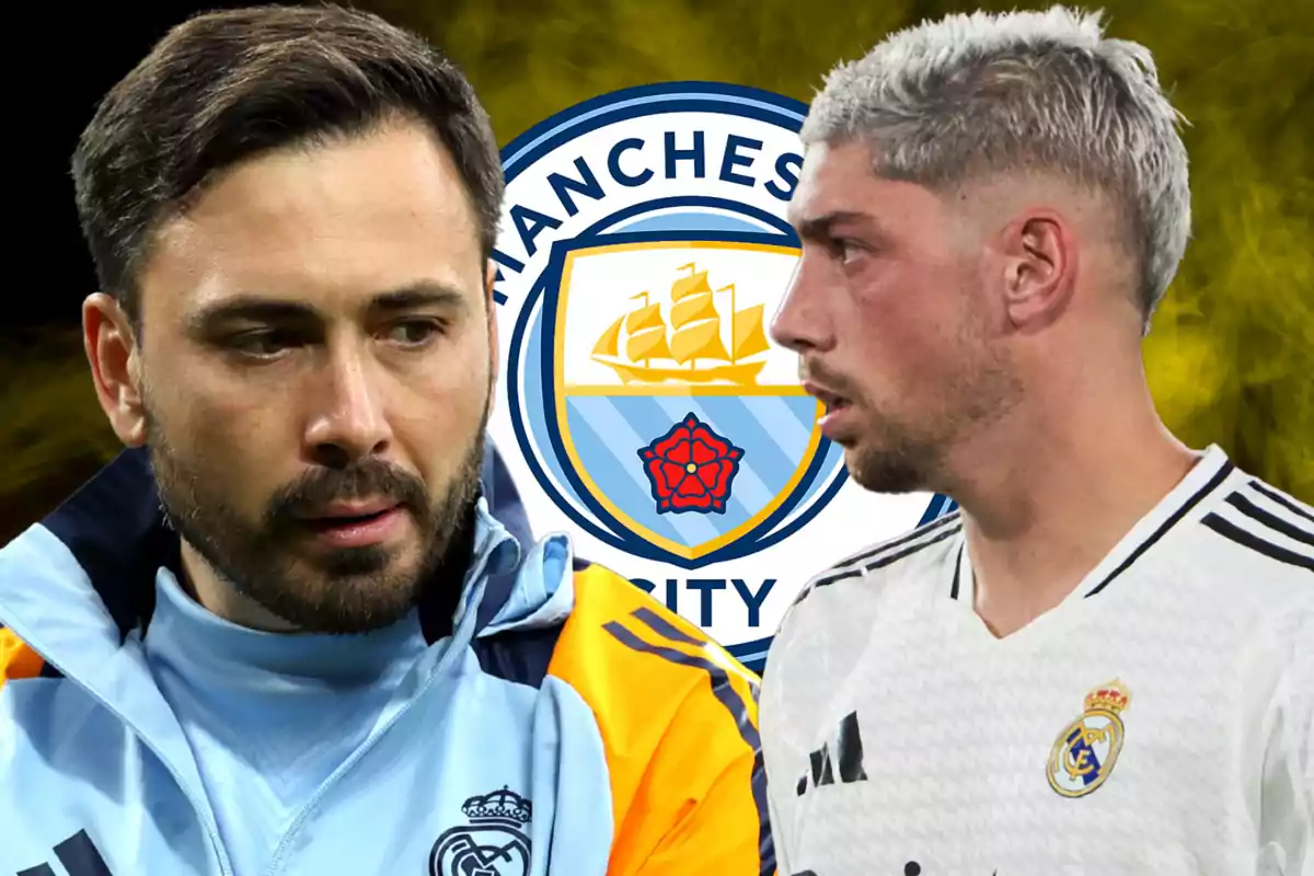 Two men in sportswear in front of the Manchester City logo.