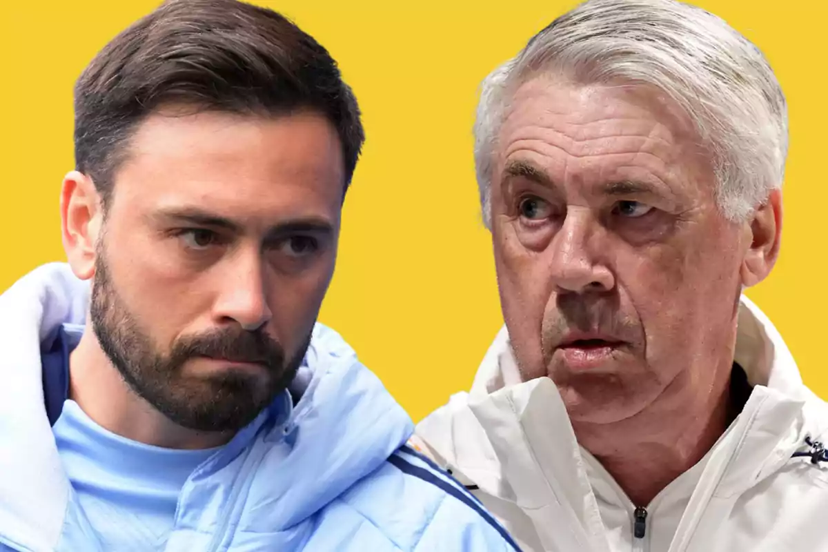 Dos hombres con expresión seria miran en direcciones opuestas sobre un fondo amarillo.