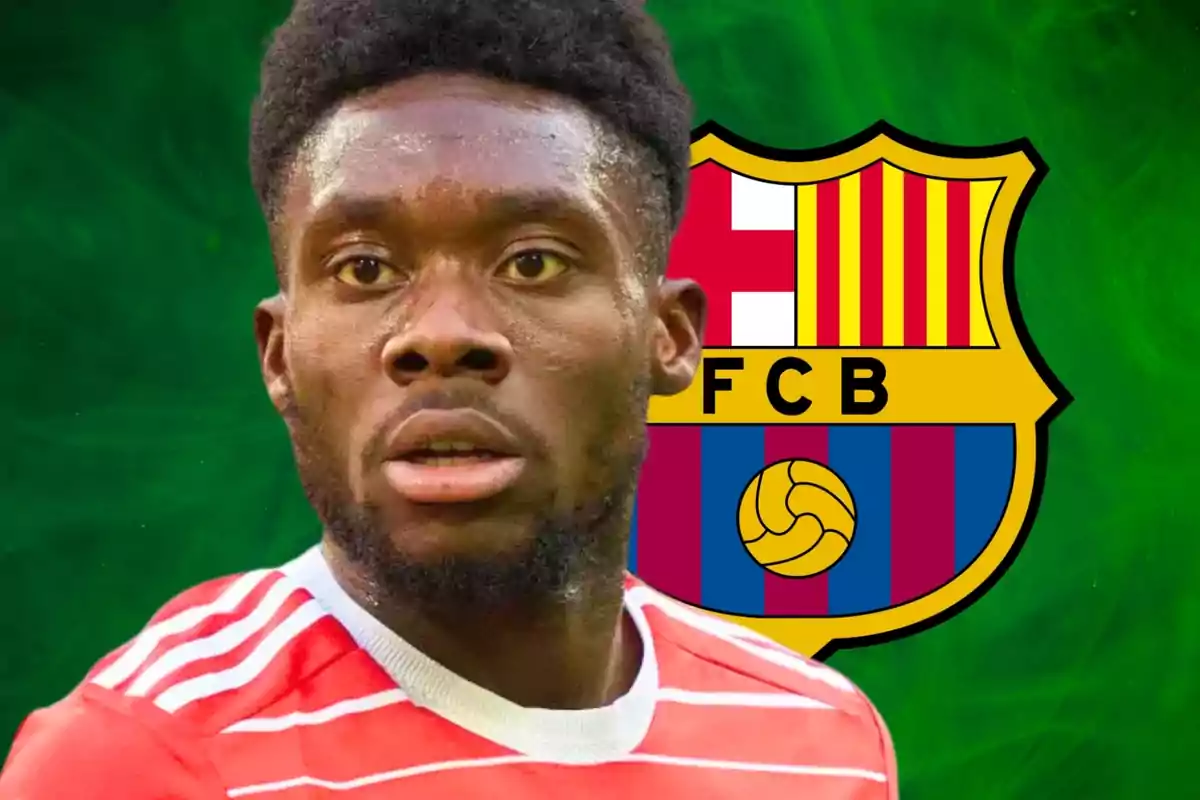 soccer player in a red jersey in front of the FC Barcelona crest on a green background.